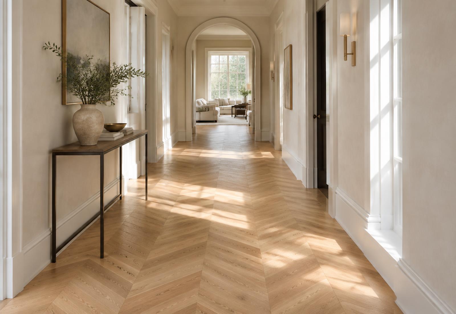 Golden chevron hardwood flooring in an elegant residential room