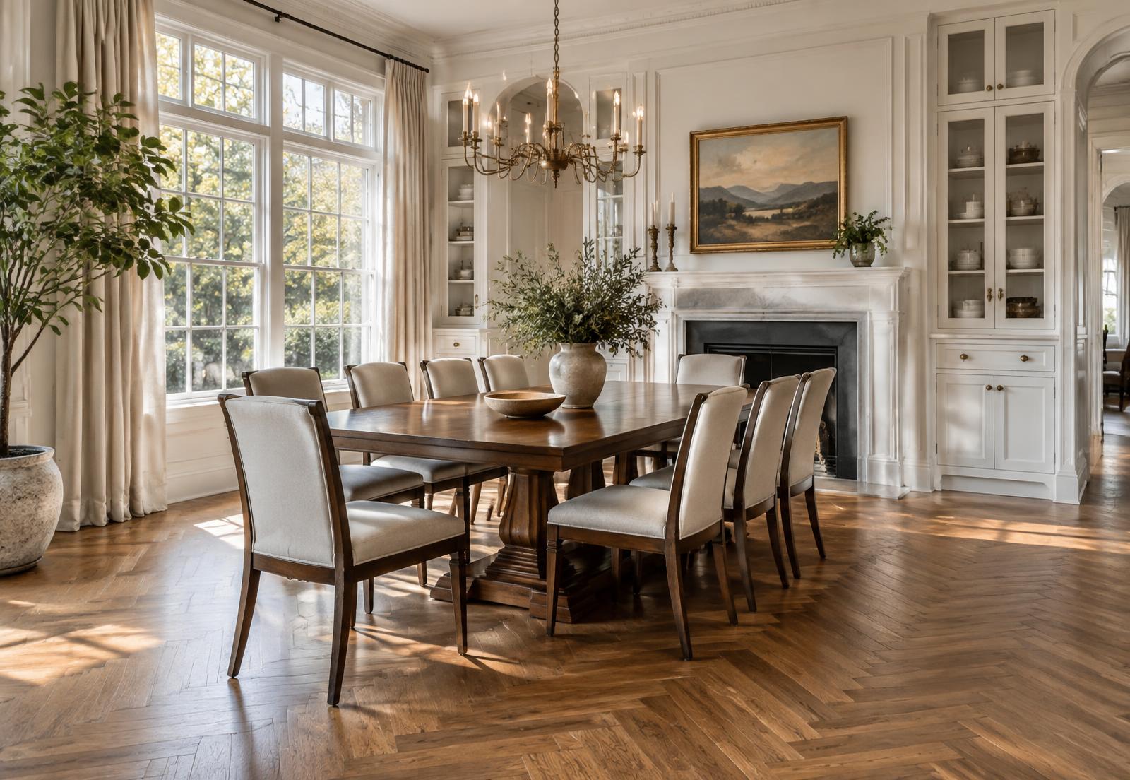 Warm walnut hardwood flooring in an elegant residential room