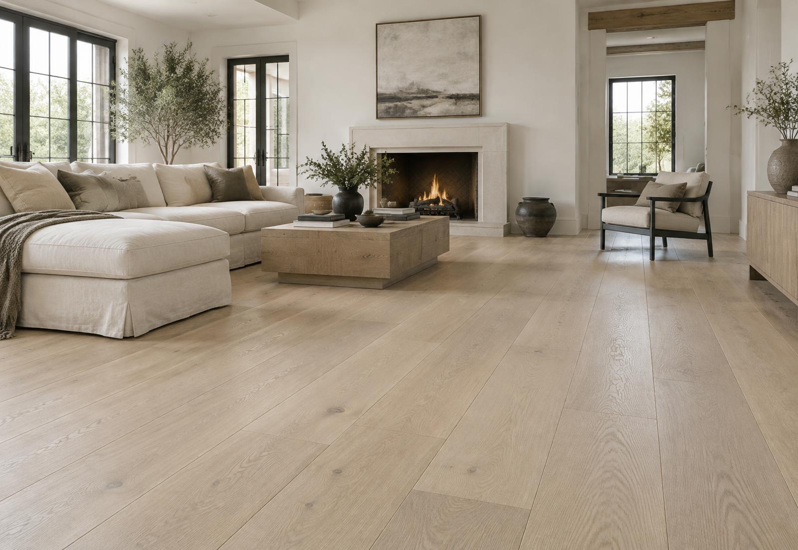 Pale white oak hardwood flooring in an elegant residential room