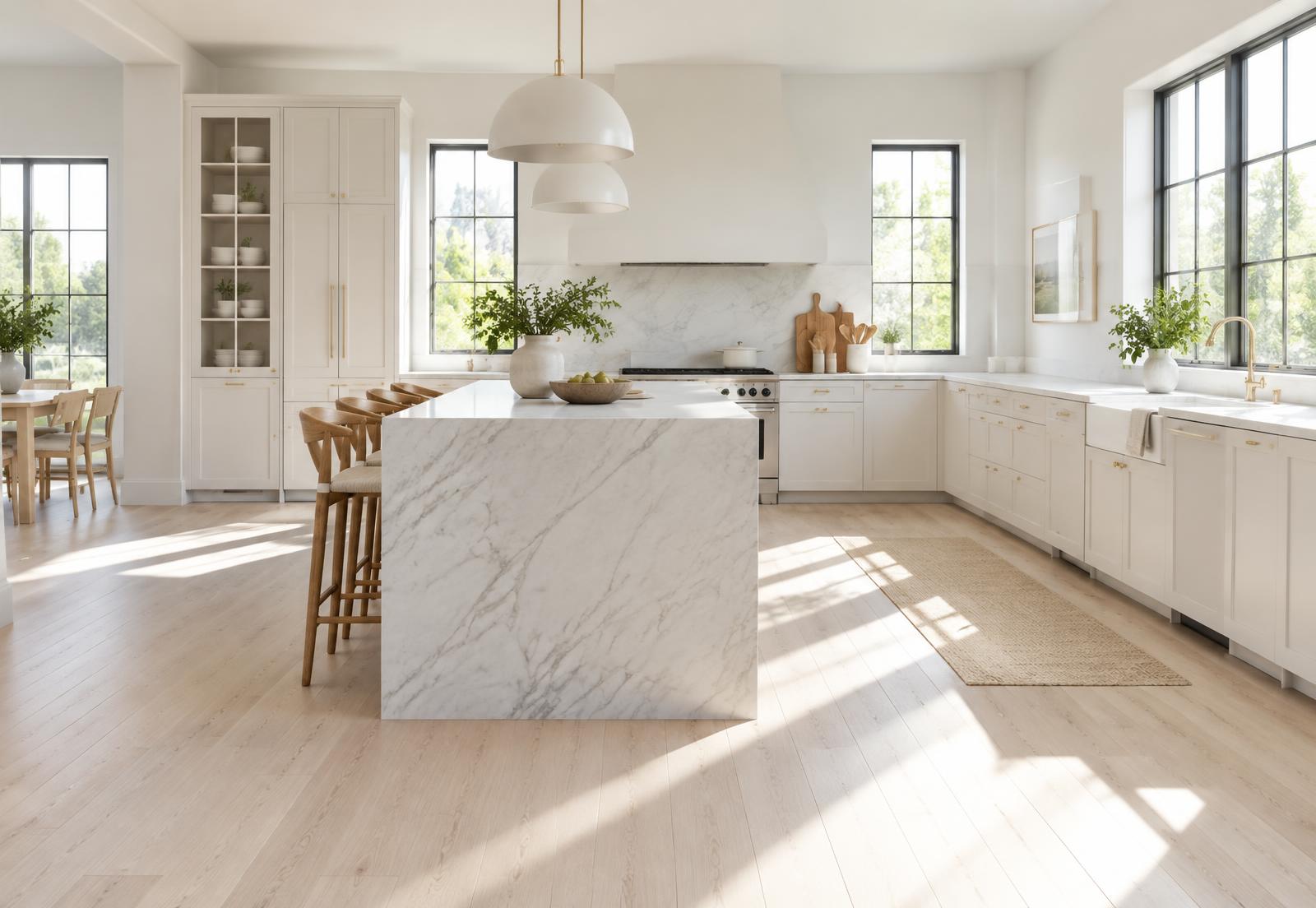 Whitewashed ash hardwood flooring in an elegant residential room